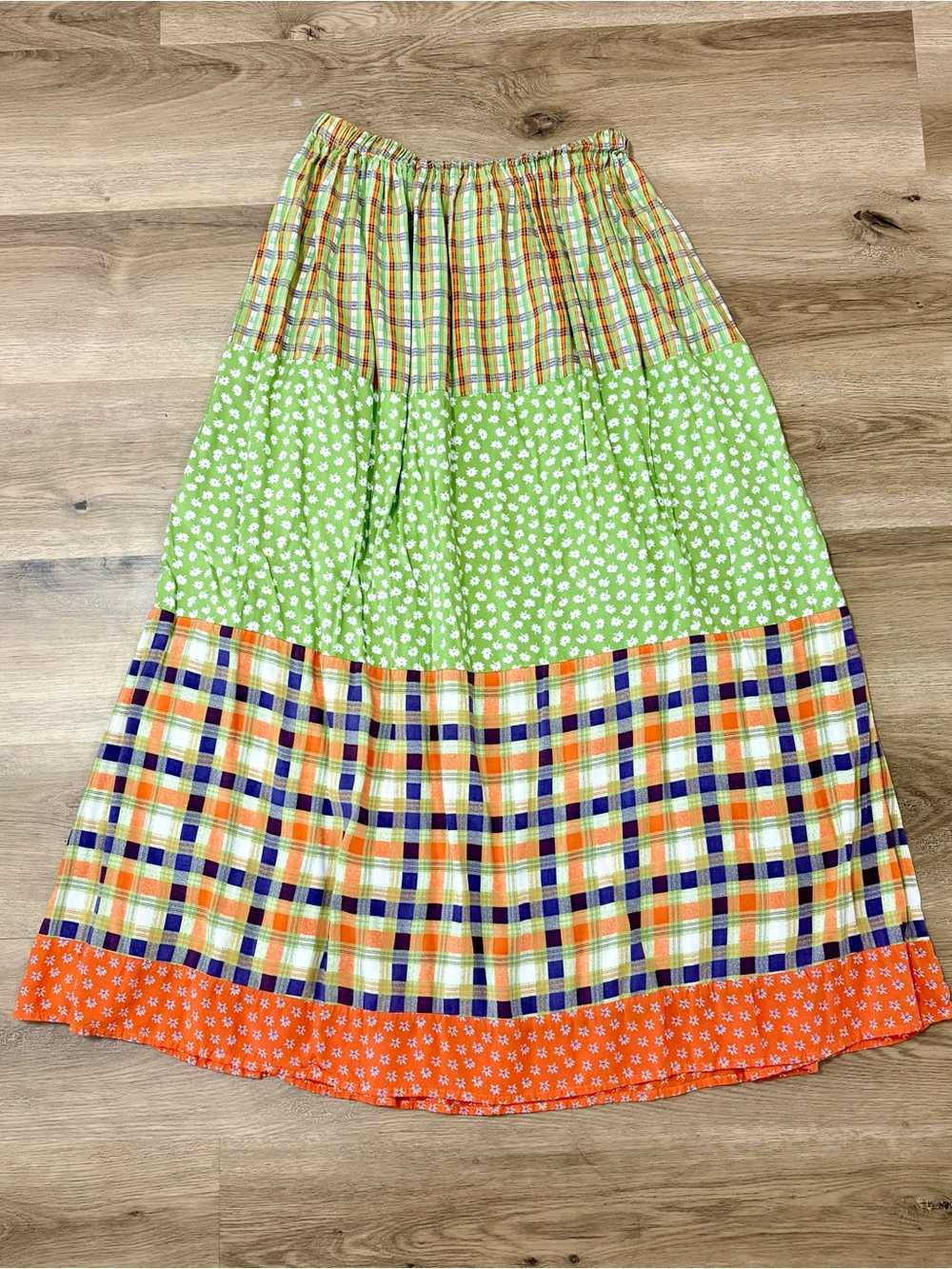 Vintage-Inspired Patchwork Midi Skirt in Green & Orange